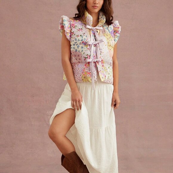 Multicolor Boho Women's flower Print Cute Bow Front Puffer Vest jacket - Picture 2 of 5